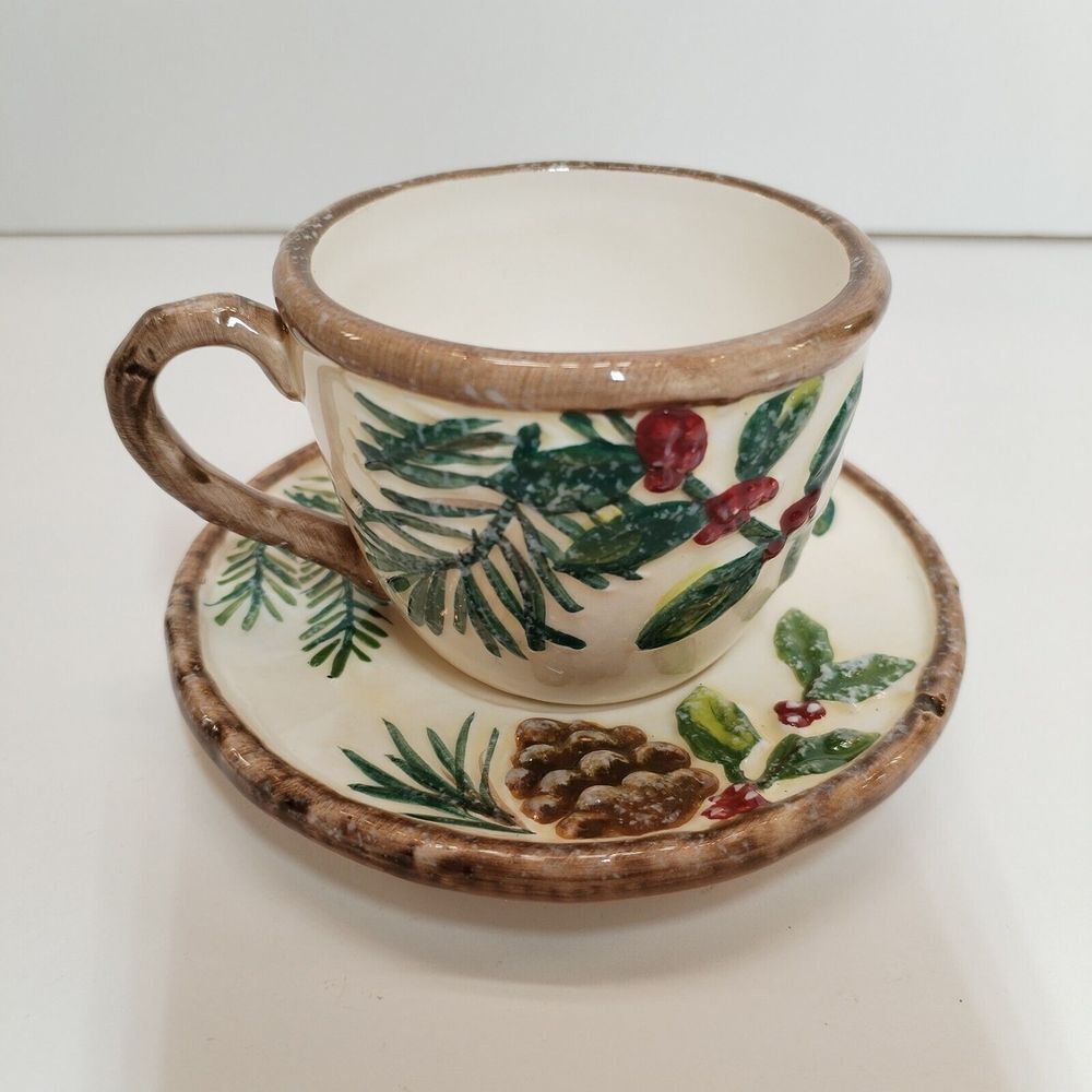Yankee Candle Cup And Saucer Mini Candle Holder 2012 Pine Cones Berries Rustic